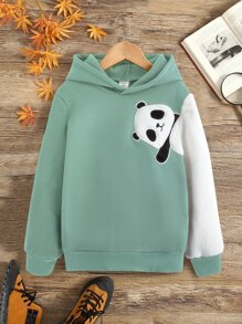 Girls Panda Embroidery Colourblock Hoodie - Green - View 1