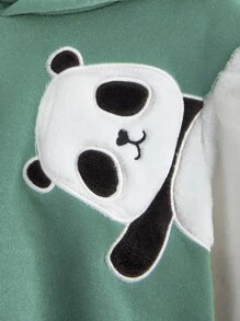 Girls Panda Embroidery Colourblock Hoodie - Green - View 3