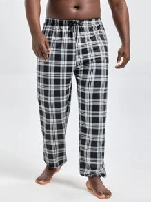 Men Plaid Print Drawstring Waist Sleep Trousers - Black and White - View 1