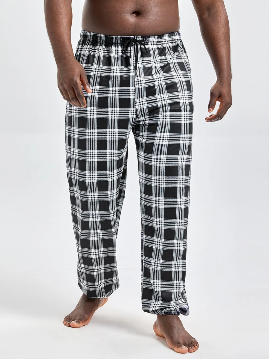 Men Plaid Print Drawstring Waist Sleep Trousers - Black and White - View 1