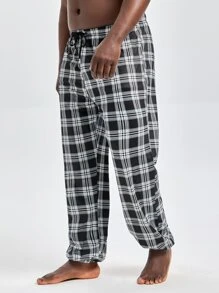 Men Plaid Print Drawstring Waist Sleep Trousers - Black and White - View 3