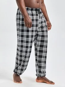 Men Plaid Print Drawstring Waist Sleep Trousers - Black and White - View 5