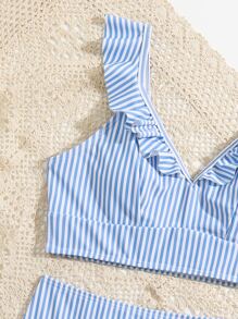 Conjunto de bikini con volantes a rayas para adolescentes, verano playa - Azul y blanco - Ver 3