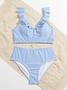 Conjunto de bikini con volantes a rayas para adolescentes, verano playa - Azul y blanco - Ver 4