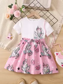 Vestido sin mangas con estampado de dibujos animados de unicornio rosa para niña joven con cuello redondo para niñas en verano - Multicolor - Ver 1