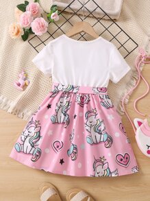 Vestido sin mangas con estampado de dibujos animados de unicornio rosa para niña joven con cuello redondo para niñas en verano - Multicolor - Ver 2