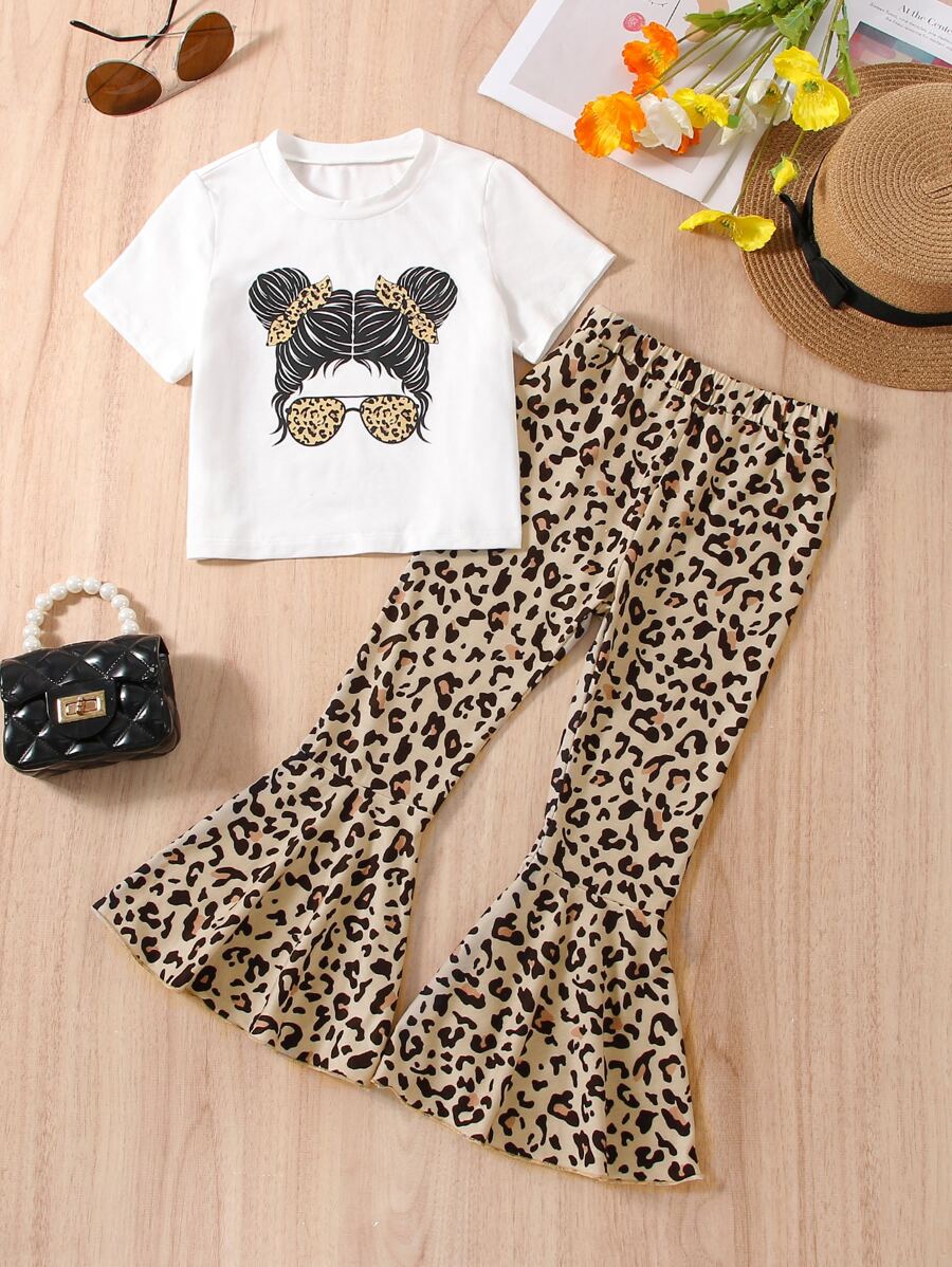 SHEIN Toddler Girls Figure Graphic Tee & Leopard Flare Leg Trousers - Multicolor - View 1