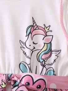 Vestido sin mangas con estampado de dibujos animados de unicornio rosa para niña joven con cuello redondo para niñas en verano - Multicolor - Ver 5