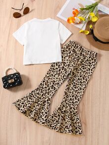 SHEIN Toddler Girls Figure Graphic Tee & Leopard Flare Leg Trousers - Multicolor - View 2