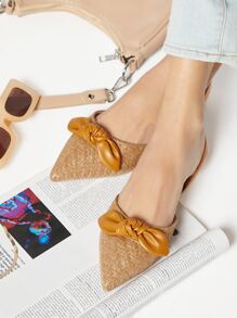 人造皮革蝴蝶結細節平底涼鞋 - 駝色 - 查看 3