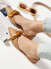 人造皮革蝴蝶結細節平底涼鞋 - 駝色 - 查看 4