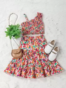 Top De Cuello Asimétrico Y Falda Con Estampado Floral Y Dobladillo Con Volantes Para Niñas - Multicolor - Ver 2