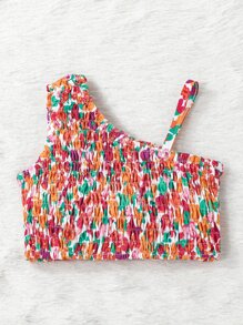 Top De Cuello Asimétrico Y Falda Con Estampado Floral Y Dobladillo Con Volantes Para Niñas - Multicolor - Ver 3