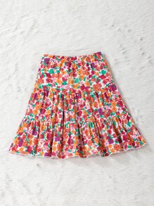 Top De Cuello Asimétrico Y Falda Con Estampado Floral Y Dobladillo Con Volantes Para Niñas - Multicolor - Ver 4