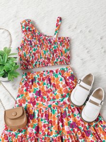 Top De Cuello Asimétrico Y Falda Con Estampado Floral Y Dobladillo Con Volantes Para Niñas - Multicolor - Ver 5