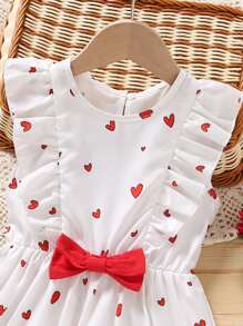 Toddler Girls Heart Print Ruffle Trim Bow Front Dress - White - View 3