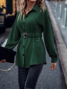 SHEIN LUNE Drop Shoulder Button Front Belted Shirt - Army Green - View 1