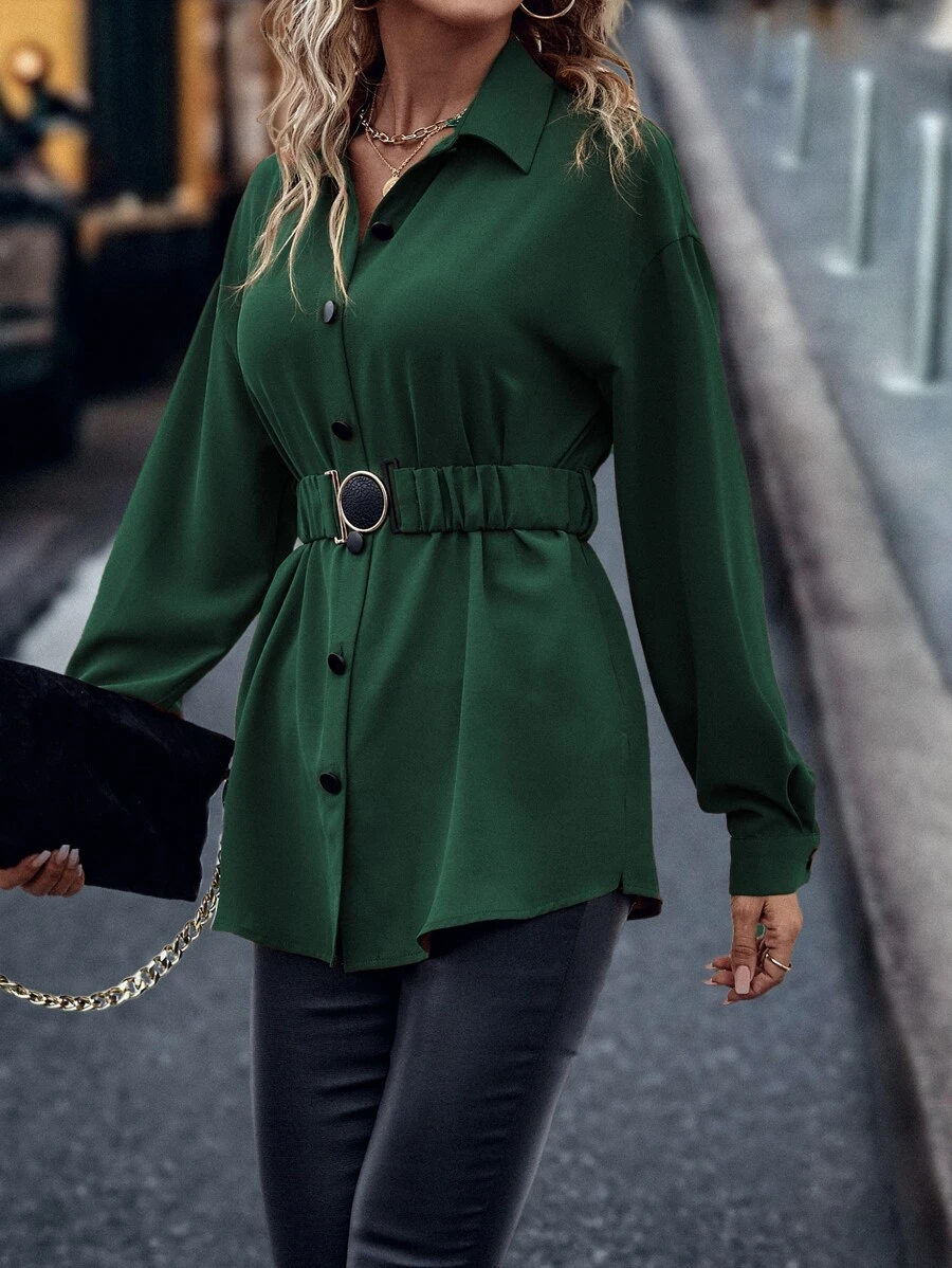 SHEIN LUNE Drop Shoulder Button Front Belted Shirt - Army Green - View 1