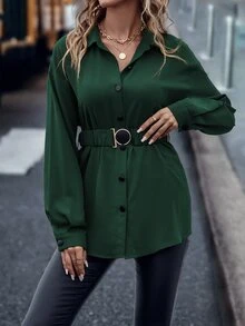 SHEIN LUNE Drop Shoulder Button Front Belted Shirt - Army Green - View 3
