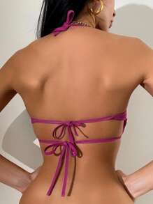 Summer Glitter Cut Out Halter Bikini Top - Hot Pink - View 2