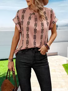 SHEIN Holidaya Bluse mit Geo Muster, Fledermausärmeln - Korallenrosa - Übersicht 1