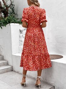 SHEIN VCAY Allover Print Shirred Flounce Sleeve Ruffle Hem Dress - Red - View 2