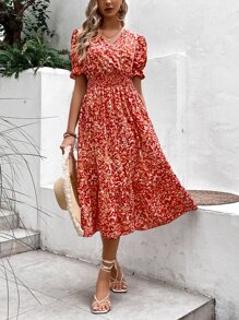 SHEIN VCAY Allover Print Shirred Flounce Sleeve Ruffle Hem Dress - Red - View 3