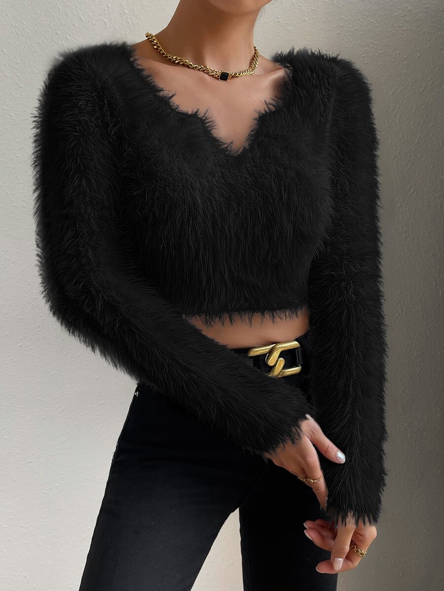 Allurite Solid Fluffy Knit Crop Jumper - Black - View 1