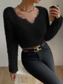 Allurite Solid Fluffy Knit Crop Jumper - Black - View 5