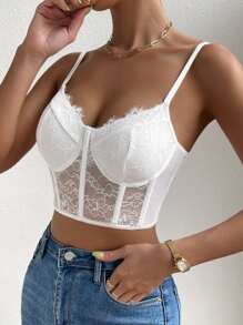 SHEIN Allurite Sheer Lace Cami Top For Holiday Party Clothes - White - View 3