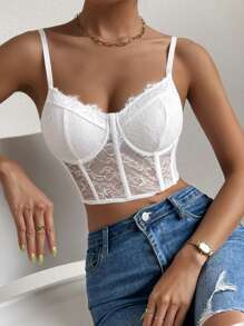 SHEIN Allurite Sheer Lace Cami Top For Holiday Party Clothes - White - View 5