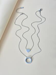 Heart & Ring Charm Layered Necklace - Silver - View 2