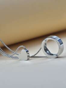 Heart & Ring Charm Layered Necklace - Silver - View 4