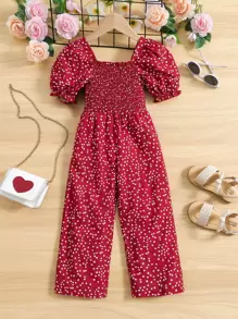 Young Girl Allover Heart Print Puff Sleeve Shirred Jumpsuit
