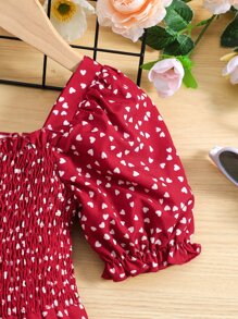 Young Girl Allover Heart Print Puff Sleeve Shirred Jumpsuit
