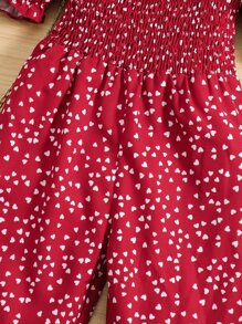 Young Girl Allover Heart Print Puff Sleeve Shirred Jumpsuit