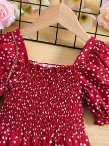 Young Girl Allover Heart Print Puff Sleeve Shirred Jumpsuit