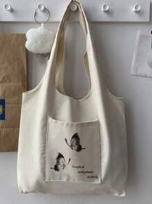 Butterfly Patched Straw Satchel Bag All Match Storage Handbag For Holiday All Match Storage Travel Bag Women's Butterfly & Slogan Graphic Pocket Front Print Shopper Tote Bag, Large Capacity Canvas Shoulder Bag School Bag,Large Capacity,Classic Casual,Foldable,Portable, Suitable For Teen Girls Women College Students, Perfect For Back To School,Shopping,Middle School, High School,College - Beige - View 2
