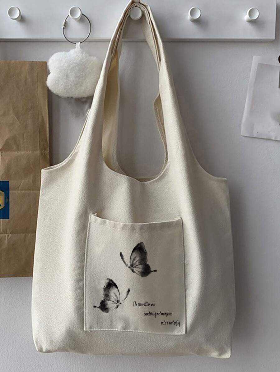 Butterfly Patched Straw Satchel Bag All Match Storage Handbag For Holiday All Match Storage Travel Bag Women's Butterfly & Slogan Graphic Pocket Front Print Shopper Tote Bag, Large Capacity Canvas Shoulder Bag School Bag,Large Capacity,Classic Casual,Foldable,Portable, Suitable For Teen Girls Women College Students, Perfect For Back To School,Shopping,Middle School, High School,College