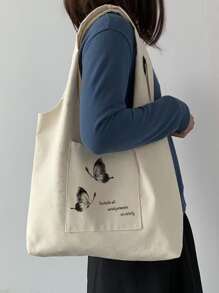 Butterfly Patched Straw Satchel Bag All Match Storage Handbag For Holiday All Match Storage Travel Bag Women's Butterfly & Slogan Graphic Pocket Front Print Shopper Tote Bag, Large Capacity Canvas Shoulder Bag School Bag,Large Capacity,Classic Casual,Foldable,Portable, Suitable For Teen Girls Women College Students, Perfect For Back To School,Shopping,Middle School, High School,College - Beige - View 3