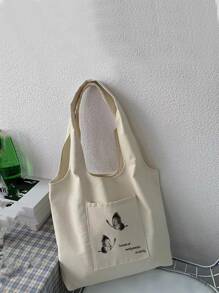 Butterfly Patched Straw Satchel Bag All Match Storage Handbag For Holiday All Match Storage Travel Bag Women's Butterfly & Slogan Graphic Pocket Front Print Shopper Tote Bag, Large Capacity Canvas Shoulder Bag School Bag,Large Capacity,Classic Casual,Foldable,Portable, Suitable For Teen Girls Women College Students, Perfect For Back To School,Shopping,Middle School, High School,College - Beige - View 5