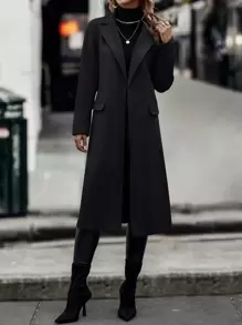 SHEIN Clasi Lapel Collar Flap Detail Belted Overcoat Fall Winter Cloth For Women - Black - View 3