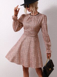 SHEIN Essnce Dalmatian Print Flounce Sleeve Ruched Waist Dress - Dusty Pink - View 1