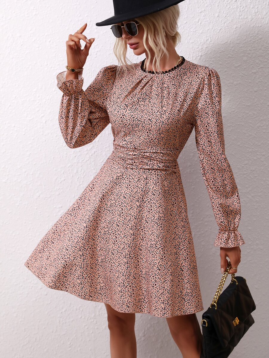 SHEIN Essnce Dalmatian Print Flounce Sleeve Ruched Waist Dress - Dusty Pink - View 1