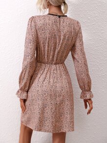 SHEIN Essnce Dalmatian Print Flounce Sleeve Ruched Waist Dress - Dusty Pink - View 2
