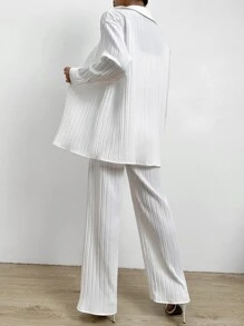 SHEIN Essnce Drop Shoulder Button Front Shirt & Wide Leg Trousers - White - View 2