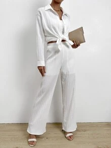 SHEIN Essnce Drop Shoulder Button Front Shirt & Wide Leg Trousers - White - View 4