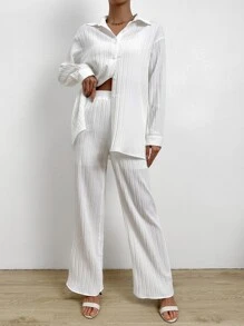 SHEIN Essnce Drop Shoulder Button Front Shirt & Wide Leg Trousers - White - View 5