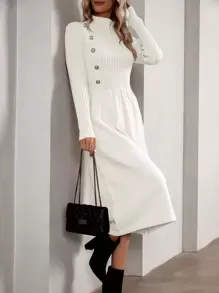 SHEIN LUNE Vestido de punto de cuello alto con diseño de botón - Blanco - Ver 1
