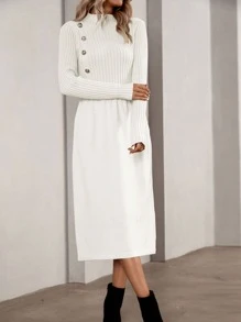 SHEIN LUNE Vestido de punto de cuello alto con diseño de botón - Blanco - Ver 4